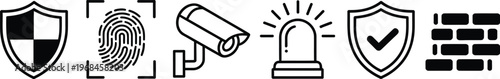 Security and protection line icon set, vector illustration featuring padlock key shield fingerprint camera siren firewall and cloud symbols representing digital cybersecurity and physical safety.