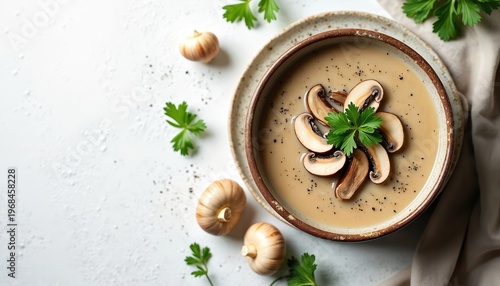 Creamy mushroom soup bowl garnished with sliced mushrooms and parsley, served on white plate. Whole mushrooms and herbs scattered around, pepper sprinkled on soup.