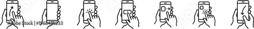 mobile touch gesture icons set, smartphone screen hand swipe tap scroll drag click interaction interface control and navigation vector line outline icon collection on transparent background