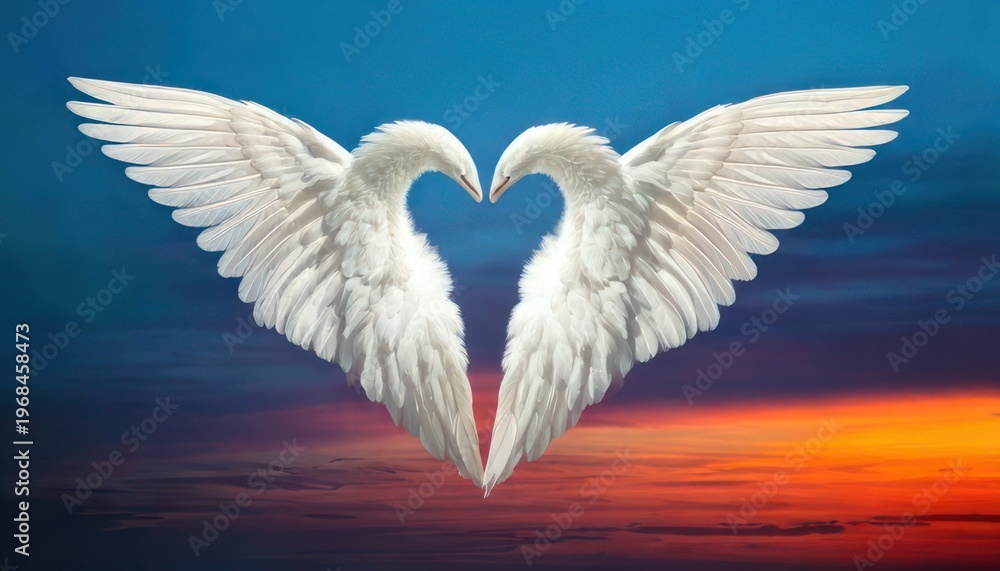 Fototapeta premium Angel Wings Forming Heart Shape Against a Colorful Sky.