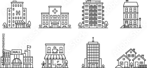 city building and architecture line icons set, house home apartment hospital office store mall cafe skyscraper and residential property vector outline icon collection on transparent background