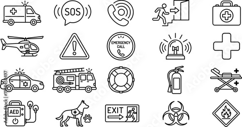 emergency safety and rescue line icons set, ambulance police fire extinguisher alarm siren warning evacuation first aid and protection symbols vector outline icon collection on transparent background