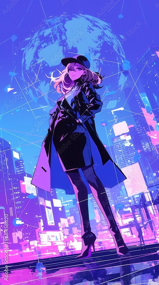 Naklejka premium Vibrant City Pop Finance, a confident female professional stands before a glowing global financial network map, showcasing fintech innovation with bold outlines and a cool neon palette.