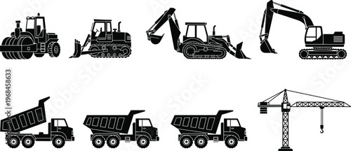 Set of construction machinery silhouettes including excavator bulldozer loader dump trucks and tower crane isolated on white background for industrial engineering and building concepts