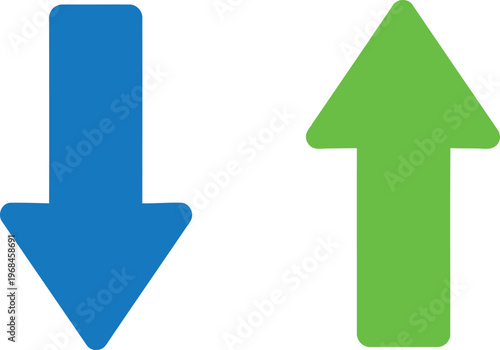 Blue down arrow and green up arrow isolated on white background representing growth and decline. Vector