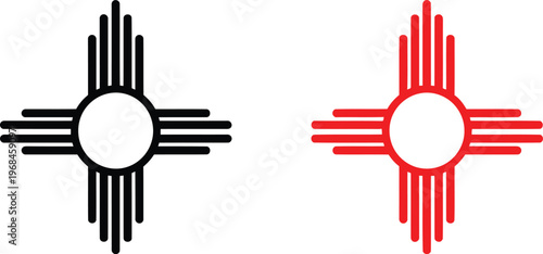 Vector illustration of the traditional zia sun symbol in black and red line art style. Vector