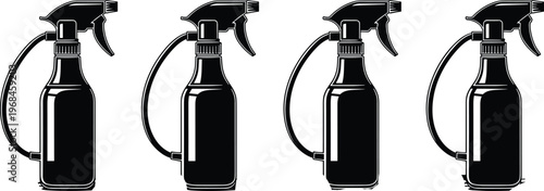 Set of spray bottle silhouettes with trigger nozzle, cleaning equipment isolated on white background, household and industrial liquid sprayer containers for sanitation and maintenance concepts