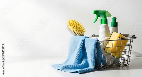 Cleaning supplies in a metal basket on a white surface  cleaning tools and solutions