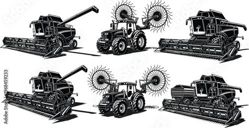 Detailed black and white agricultural machinery illustration set featuring combine harvesters and tractor with hay rake equipment in vintage engraving style isolated