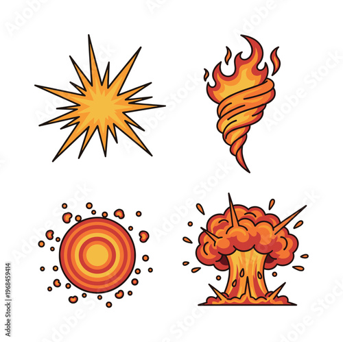 Cartoon-style visual effects including an explosion, fire tornado, heat burst, and atomic explosion