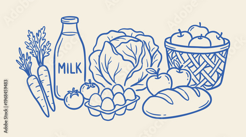 Farm market food set outline sketch vector illustration. EPS 10