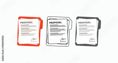 Three illustrated proposal documents, each with distinct outlines. Red, black, and gray borders frame each page. Signature appears below lined text on every sheet