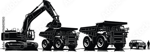 Excavator loading giant mining dump trucks with scale comparison including pickup vehicle and human silhouette for heavy industry construction and mining operations concept