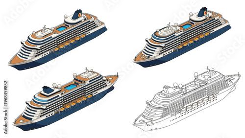 Set of four isometric views of a modern luxury cruise ship including detailed color versions and a black and white line art outline.