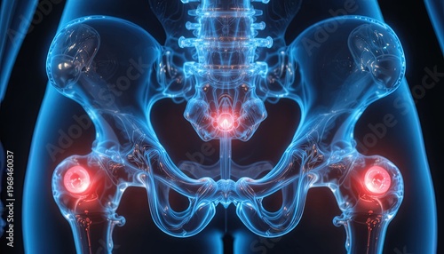 3D Render of Human Pelvis and Hips with Pain Indicated in Red, Medical Visualization of Hip Pain, Hip Bursitis, Sacroiliac Joint Pain
