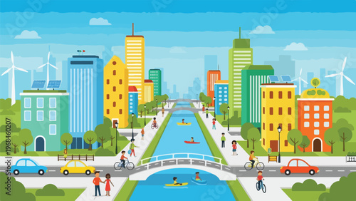 Colorful illustrated city with buildings, water, people, and renewable energy