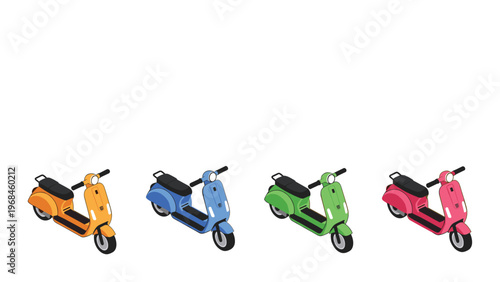 Set of four identical motor scooters in orange, blue, green, and pink colors shown in isometric view on a clean white background.