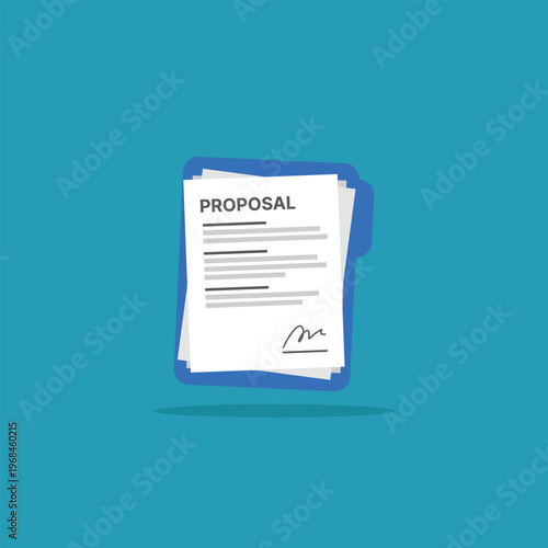 Flat design shows a proposal document floating above a blue background. Bold title and signature suggest formal agreement or planning. Clean lines and soft shadow create professional, modern appeal