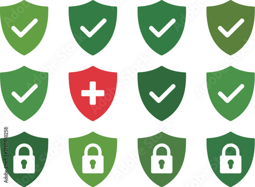 Shield security icon set, vector illustration featuring protection symbols check mark and lock signs for cybersecurity user safety verified access and business security design.
