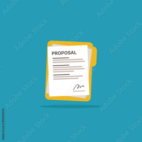 Yellow folder holds a proposal document. Simple lines show text and a signature. Bright blue background creates a clean look. Ideal for business, finance, or contract themes