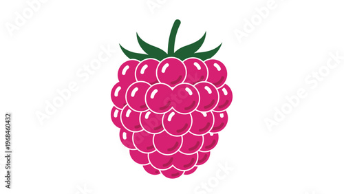 Colorful stylized illustration of a single bright pink raspberry with green leaves and stems isolated on a clean white background.