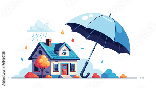 Cozy small house being shielded from a heavy rainstorm by a massive blue umbrella for insurance and protection themes.