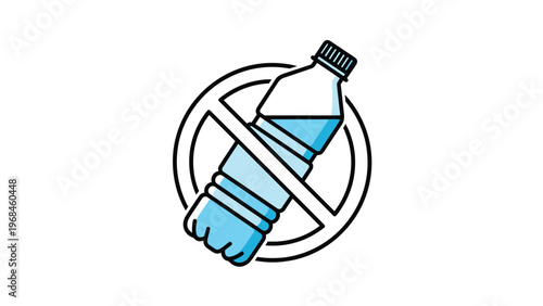 Environmental awareness icon showing a blue plastic water bottle inside a black prohibition circle with a diagonal slash on white.