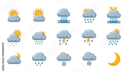 Comprehensive collection of weather icons featuring sun clouds rain lightning snow and moon for mobile apps and web design.