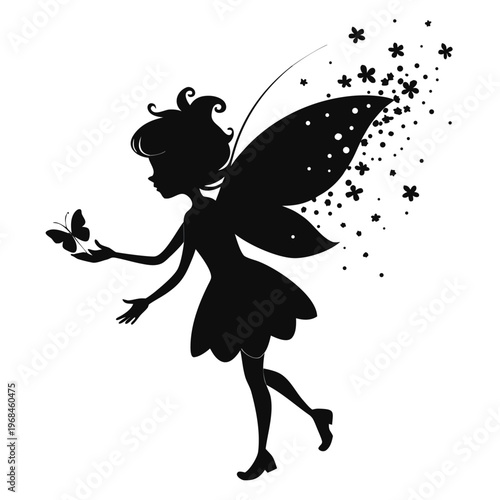 Minimalist silhouette of a small fairy with striking butterfly wings, representing enchantment and ethereal charm.