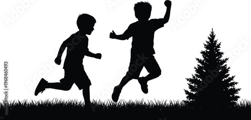 Silhouette of happy children playing and jumping outdoors, kids running on grass near tree, joyful childhood activity, black and white vector illustration isolated design