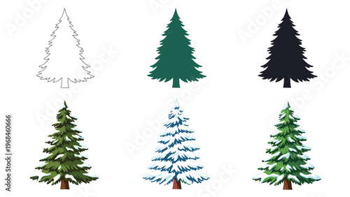 Evergreen pine tree collection showing different styles including outlines silhouettes flat green and snow covered winter versions.