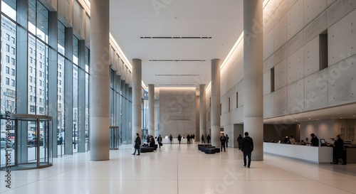 Modern Office Building Lobby with People and Architectural Details