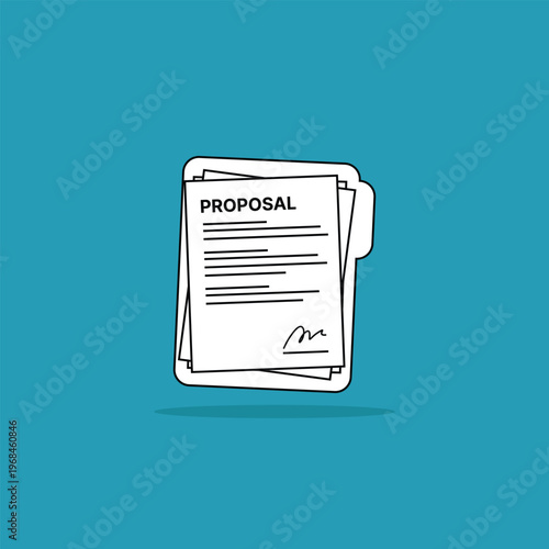 White document labeled "PROPOSAL" sits on teal background. Simple lines suggest text and signature below the title. Clean, minimalist style appeals to professional audiences