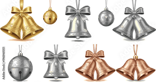 Elegant Christmas bells and ornament vector set featuring golden silver decorations festive holiday hanging baubles and seasonal celebration elements
