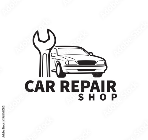 Car repair shop logo with a wrench and a car