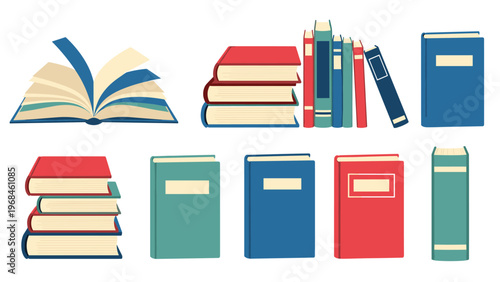 Collection of colorful books in various positions including open books stacks and rows for library and education concepts.