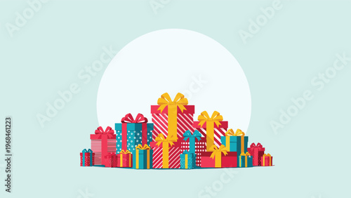 Large pile of colorful gift boxes with ribbons and bows on a light blue background for birthday and holiday celebrations.