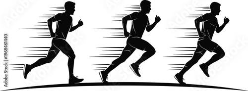 Silhouette of running man sequence with motion lines, athlete sprinting in different positions, dynamic fitness action, black and white vector illustration isolated design