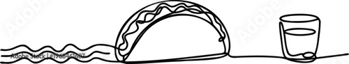 A black line drawing of a taco with a glass of water on a table with a wavy tablecloth
