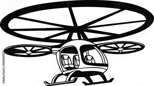 Black and white illustration of a helicopter with rotor blades and skis for winter landing  aerial vehicle