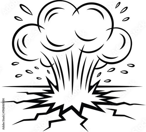Cartoonstyle illustration of a large explosion with a mushroom cloud and debris flying everywhere in a comic book style