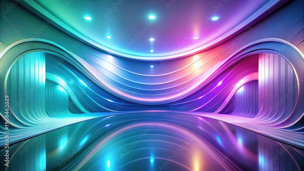 Fototapeta premium Abstract Futuristic Interior Design Swirling Metal Walls, Vibrant Neon Lighting, and Reflective Floor in a Modern Architectural Space