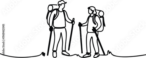 Two hikers with backpacks and trekking poles standing together outdoors in a simple line drawing style