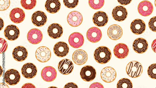 Seamless pattern with assorted colorful donuts featuring different glaze and toppings on a cream colored background.