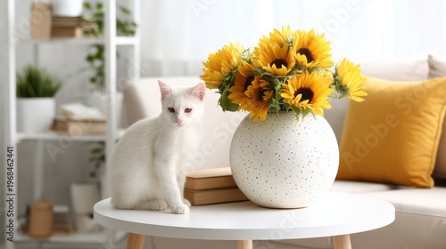 Sunflowers, vase, cat on wooden coffee table indoors, cozy home interior, floral decoration, pet lifestyle, sunlight ambiance, still life composition, warm living space with copy space