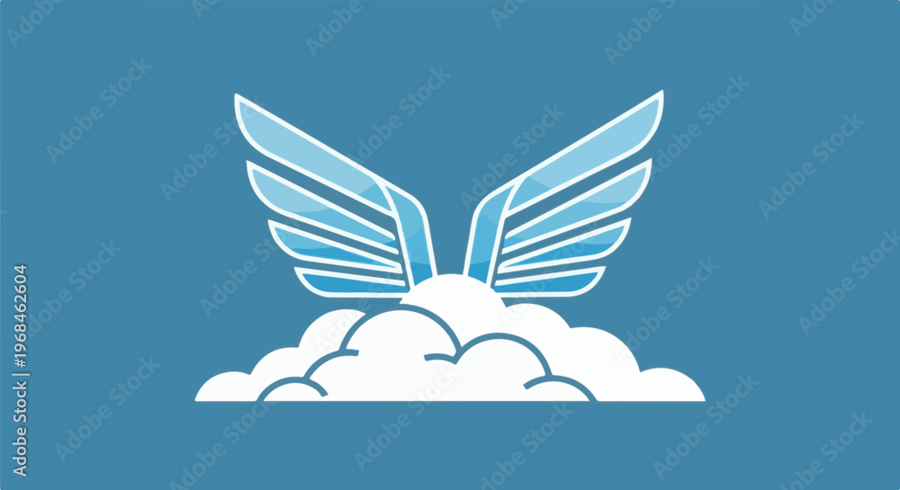 Obraz premium Stylized blue wings emerge from white clouds on a solid blue background
