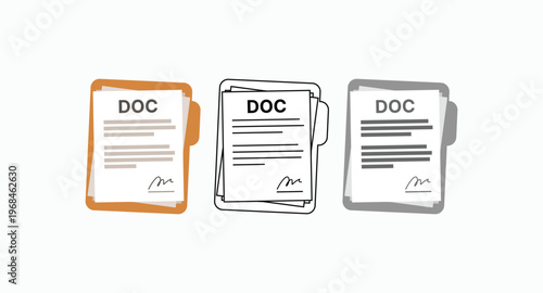 Three illustrated documents stand side by side. Each bears the word "DOC" and simple lines. Handwritten signatures appear below each. Colors vary: orange, black, and gray