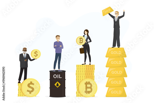 Diverse professionals stand a top stacks of various assets including gold, bitcoin, oil, and dollars. Successful investment portfolio and growth. Group of smart investors.