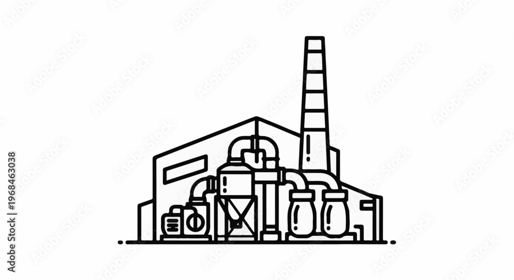 Fototapeta premium Stylized line drawing of an industrial factory complex with a tall smokestack
