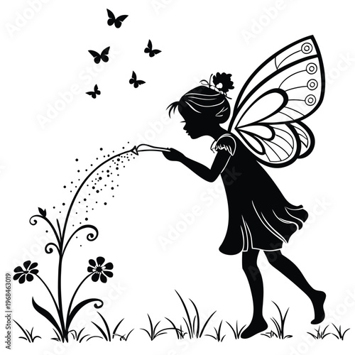 Graceful silhouette of a miniature fairy with delicate butterfly wings, symbolizing enchantment and nature's magic.
